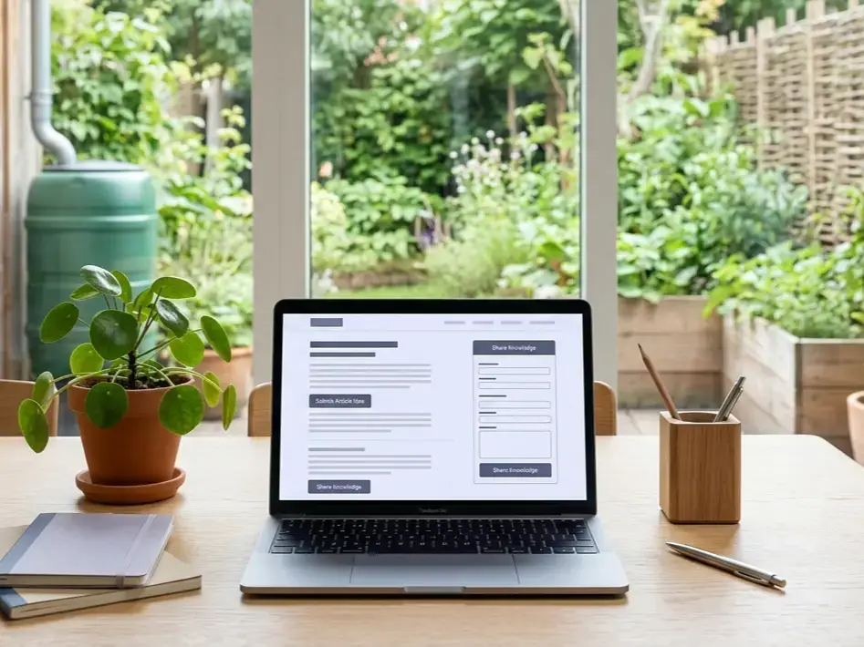 Laptop op een houten tafel met een duurzame website-interface, in een lichte woonruimte met uitzicht op een groene tuin