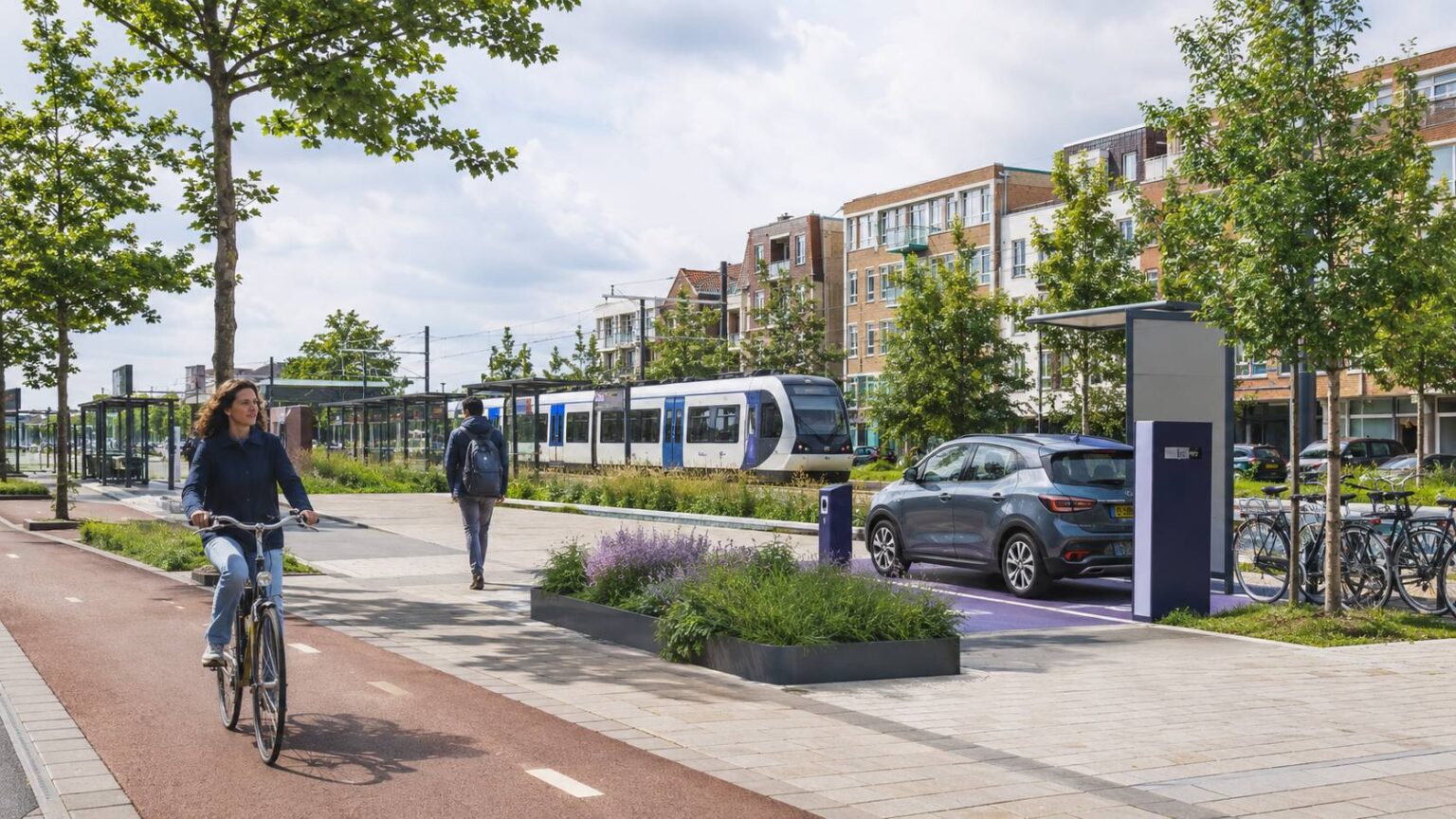 Fietser, openbaar vervoer en deelauto in een Nederlandse woonomgeving als duurzame mobiliteitskeuzes